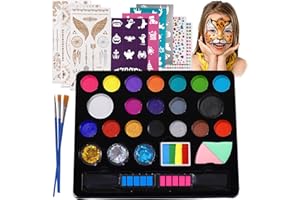 BADCOLOR 18 Colors Face Painting Kit for Kids - Water Based Pro Washable Kids Face Paint with Brushes, Glitters, Hair Chalks,Tatto Stickers,Sponges,Gems,Stencils for Halloween Party Cosplay