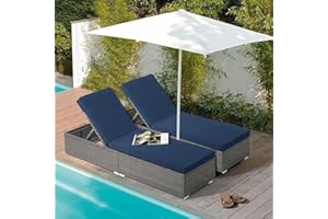 JOIVI Outdoor Patio Chaise Lounge Chairs Set of 2, PE Wicker Patio Pool Lounge Chairs Furniture, Pool Lounger Gray Rattan Adjustable Backrest with Removable Navy Blue Cushion, 250lb Weight Capacity