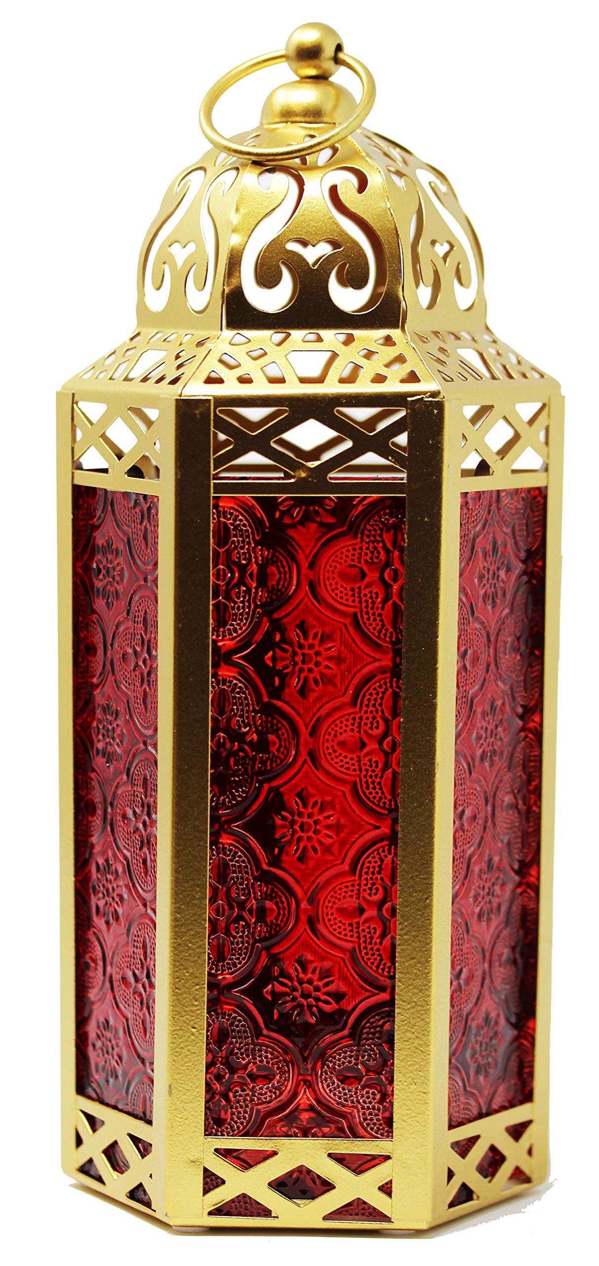 VELA LANTERNS Metal Moroccan Decorative Gold Candle Lantern Holders for Hanging or Table, Indoor Home Decor, Outdoor Patio or Porch, Ramadan, Weddings, Medium, Red Glass