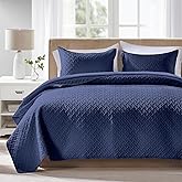FLYMME Quilts Queen Size - Ultra Soft Navy Blue Quilt Lightweight Microfiber Bedspreads, Classic Basket Weave Pattern Bedspread Bed Coverlet 3 Pieces for All-Season (1 Quilt, 2 Pillow Shams) | Breathable material