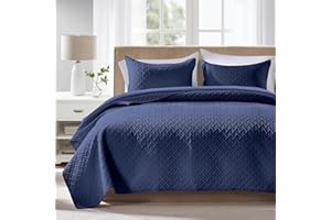 FLYMME King Size Quilt Set - Soft Navy Blue Quilts Lightweight Microfiber Bedspread - Classic Basket Weave Pattern Bedspreads Coverlet 3 Pieces for All-Season (1 Quilt, 2 Pillow Shams)