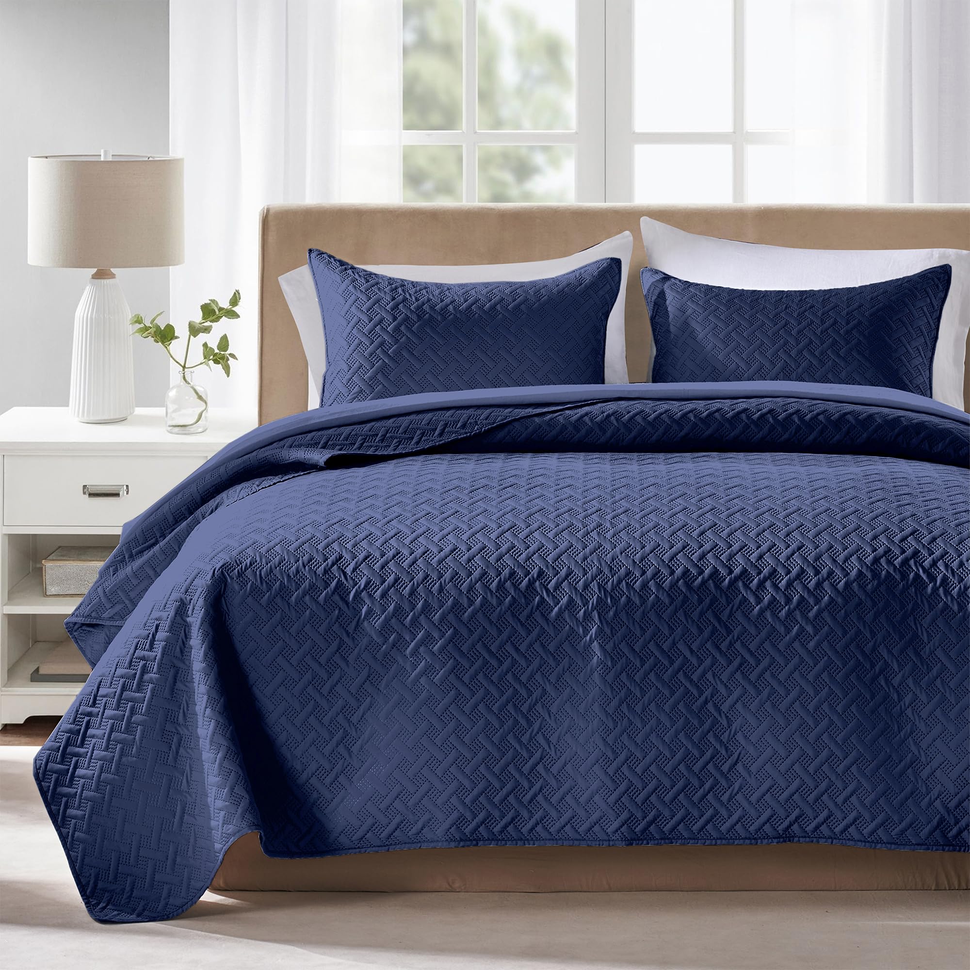Photo 1 of FLYMME King Size Quilt Set - Soft Navy Blue Quilts Lightweight Microfiber Bedspread - Classic Basket Weave Pattern Bedspreads Coverlet 3 Pieces for All-Season (1 Quilt, 2 Pillow Shams)