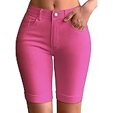 roswear Womens Mid Rise Roll Cuff Bermuda Stretch Denim Jean Shorts