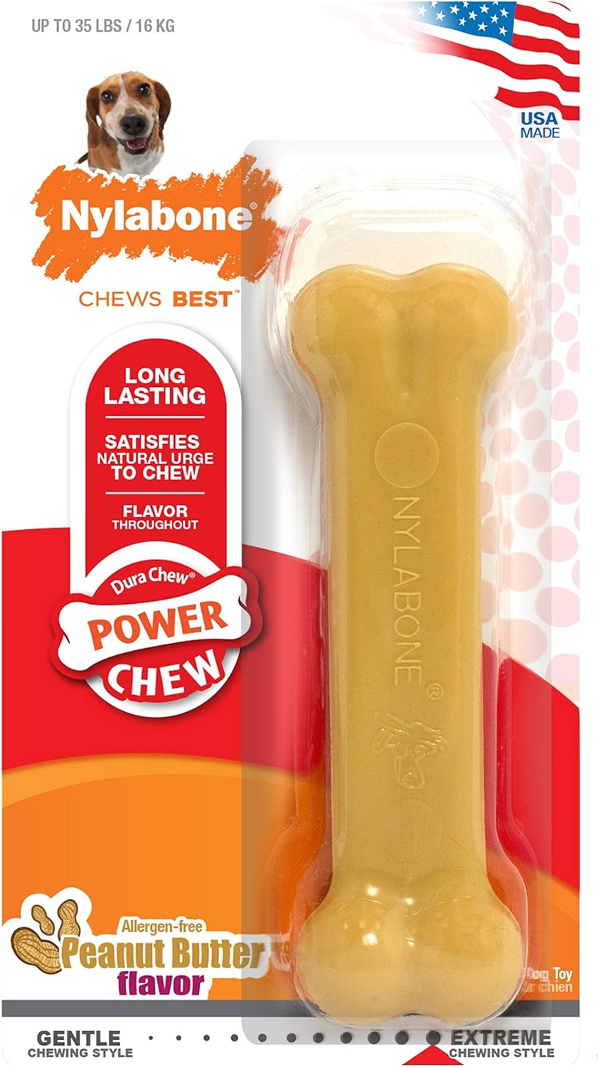 Nylabone Dura Chew Extreme Tough Dog Chew Toy Bone, Allergen Peanut Butter Flavour, M, for Dogs Up to 16 kg