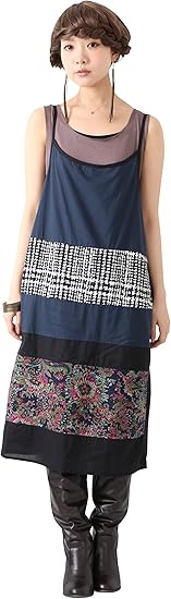 Amazon Co Jp ソマリ Somari オシャレウォーカー ヴィンテージ花柄切り替え異素材ワンピース ネイビー 1 服 ファッション小物