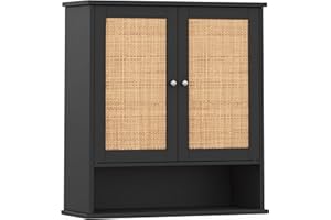 Reettic Rattan Two Door Wall Cabinet, Wooden Medicine Cabinet, Wall Mounted Bathroom Storage Cabinet with Inner Adjustable Shelf, for Bathroom, Kitchen, Entryway, Black and Natural BMGZ103BM