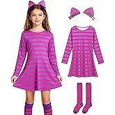 hyunhsun Girls Pink Purple Stripes Costume Dress Kids Cat Cosplay Outfit