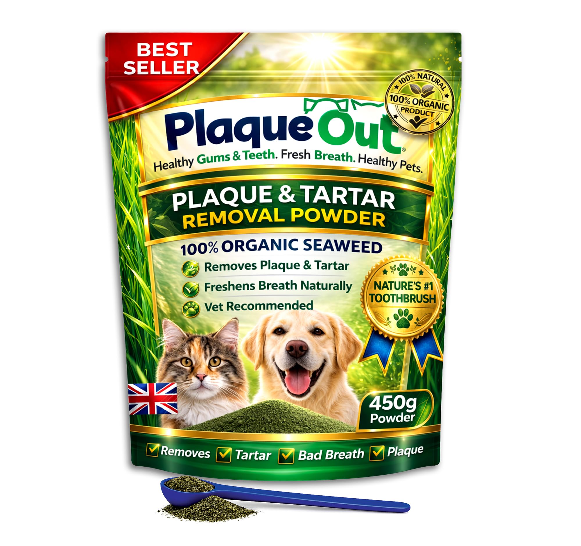 Plaque Out 450g Pouch - Plaque Off Remover - 100% Natural and Organic Seaweed Powder for Dogs & Cats - Dog Teeth Cleaning, Plaque Removal, Pet Dental Care, Bad Breath, Gum Care and Tartar Control