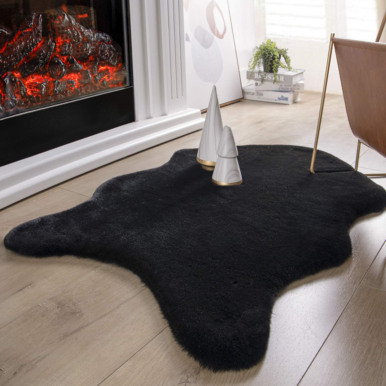Ashler HOME DECO Ultra Soft Faux Rabbit Fur Chair Couch Cover Area Rug for Bedroom Floor Sofa Living Room Black 2 x 3 Feet