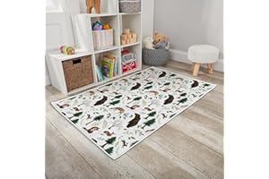 HAWSKGFUB Baby Toddler Boy Woodland Forest Animals Playroom Area Rug, Bear Deer Fox Rabbit Pine Tree Non Slip Nursery Play Mat Carpet, Woods Creatures Leaf Kids Bedroom Living Room Classroom Decor