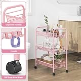 3-Tier Rolling Cart On Wheels Pink Easy Assemble Storage Trolley view 3