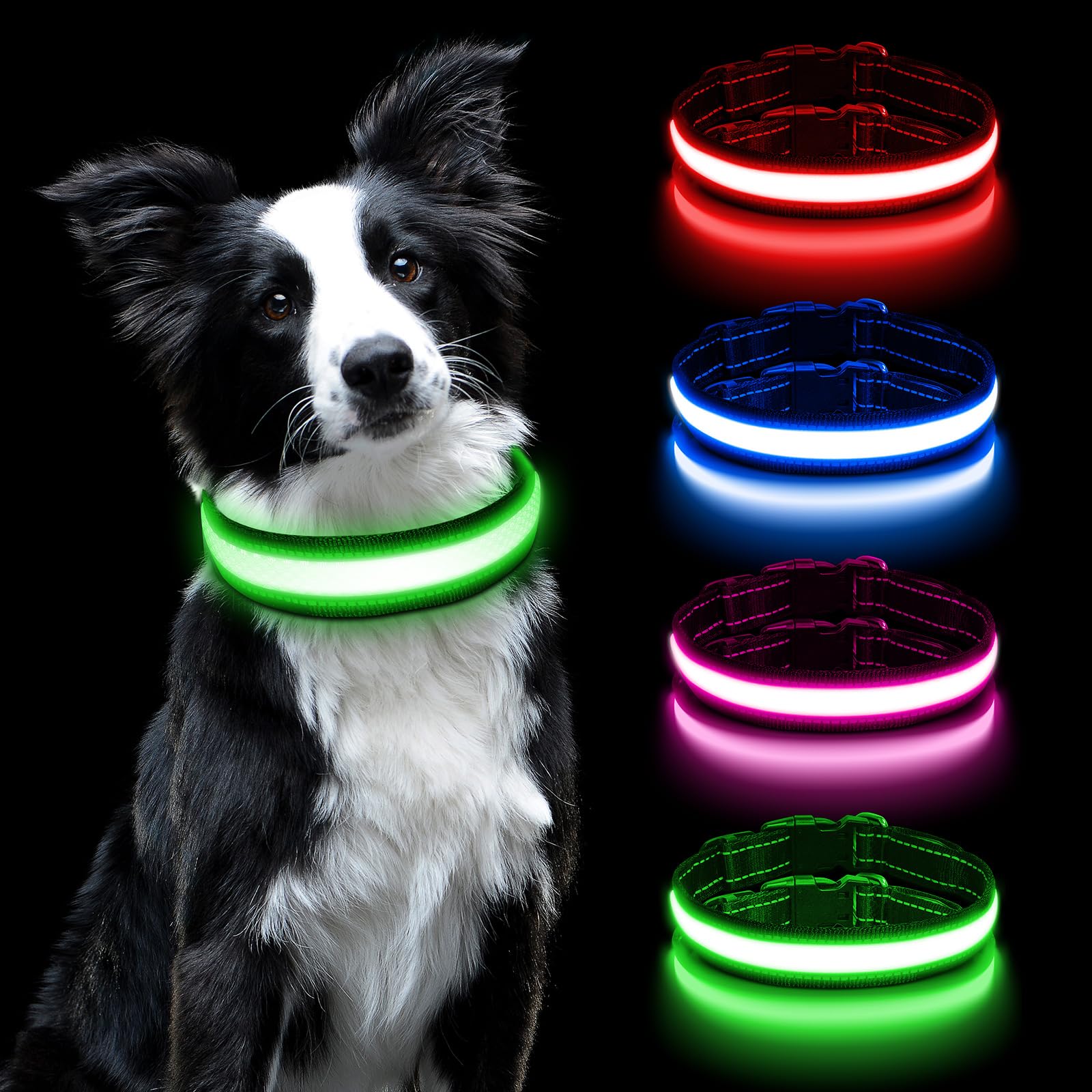 AUAUY Light Up Dog Collar, LED Dog Collar Light USB Rechargeable, Waterproof Flashing Adjustable Glowing Super Bright Dog Light Up Collar with 3 Glowing Modes for Medium Dogs-Green