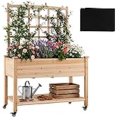 GIANTEX 65'' Wooden Raised Garden Bed w/Trellis on Wheels, Mobile Elevated Planter Box w/Legs, Liner &amp; Drainage Holes for Climbing Plant Vegetable Herb Flower, Outdoor Garden Box, Backyard Balcony