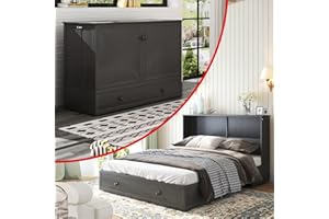 PUREMIND Queen Size Murphy Bed with Large Storage Drawer, Cabinet Bed with Folding Mattress, Murphy Cube Chest Bed with USB Charging Station and Foldable Tray Table (Galaxy Grey)-16013