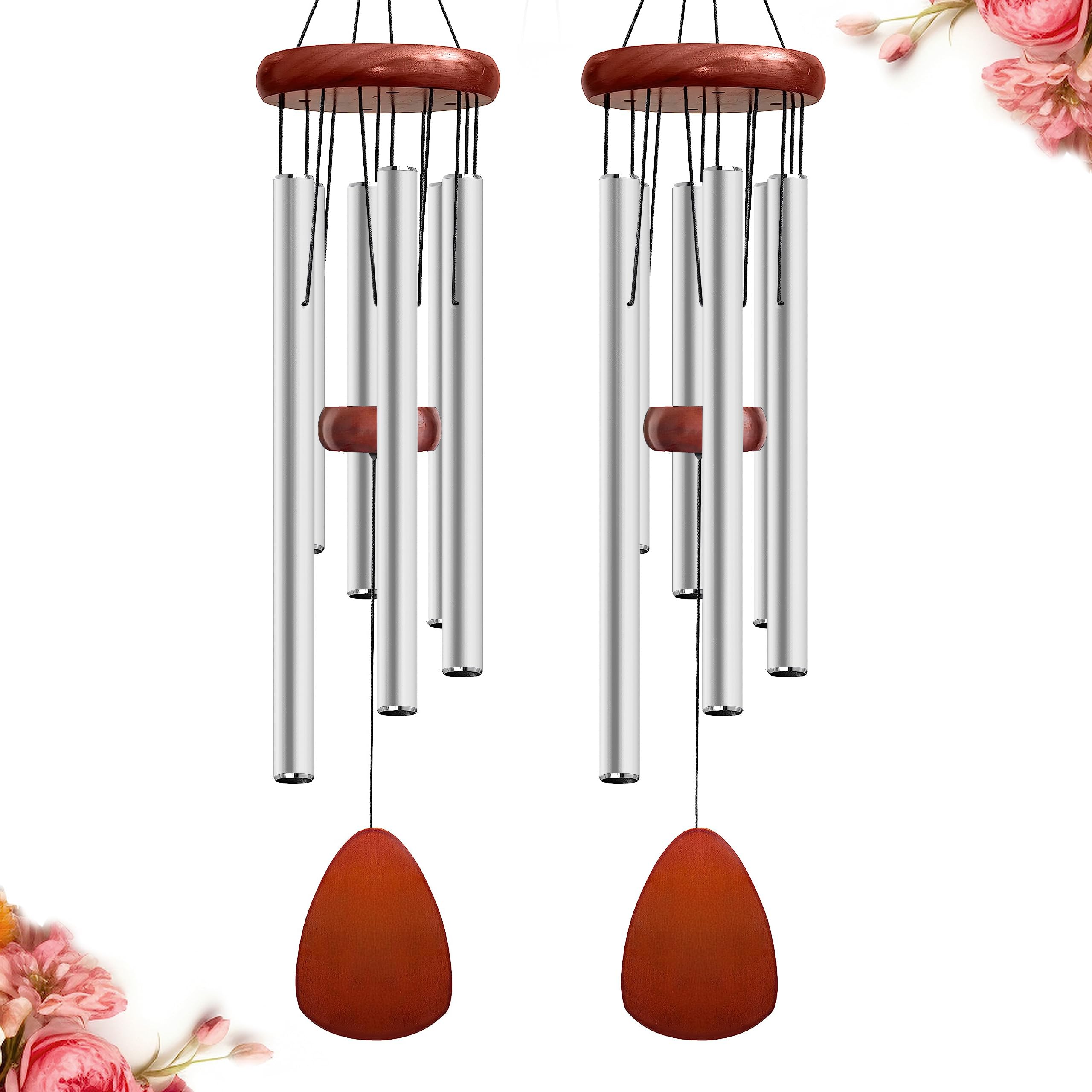 28" Wind Chime for Mothers Day, Decorative Wind Chimes for Outside, Memorial Windchimes Remembrance Gift for Women Mom Grandma, Metal Wind Chimes Outdoor Decor for Garden Patio Zen(Silver 2Pack) Image