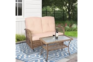 MEETWARM Outdoor Wicker Patio Glider Set, Loveseat for 2 Person Porch Furniture Glider with Glass-Top Coffee Table, Patio Glider Rocking Bench with Thickened Cushions