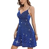 PEIQI Women's Glitter Rhinestone Dress Spaghetti Strap Flared Sparkle Party Cocktail Homecoming Dresses
