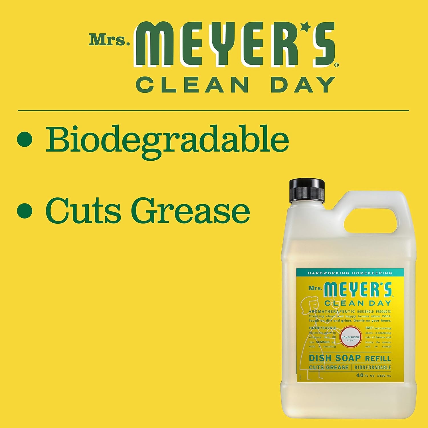 Mrs. Meyer's Clean Day Dishwashing Liquid Dish Soap Refill, Cruelty Free Formula, Honeysuckle Scent, 48 oz: Health & Personal Care