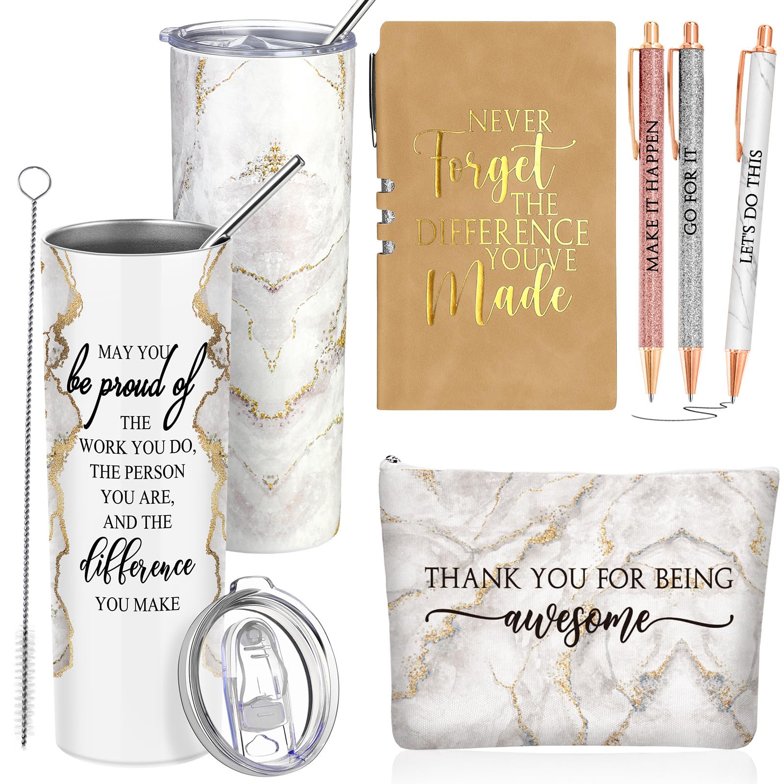 Photo 1 of Domensi 6 Pcs Employee Appreciation Gift Set for Women Female Thank You Gift May You Be Proud 20 oz Rustic Marble Sign Tumbler Makeup Bag Journal for Teacher Nurse Lady Work Business(White)