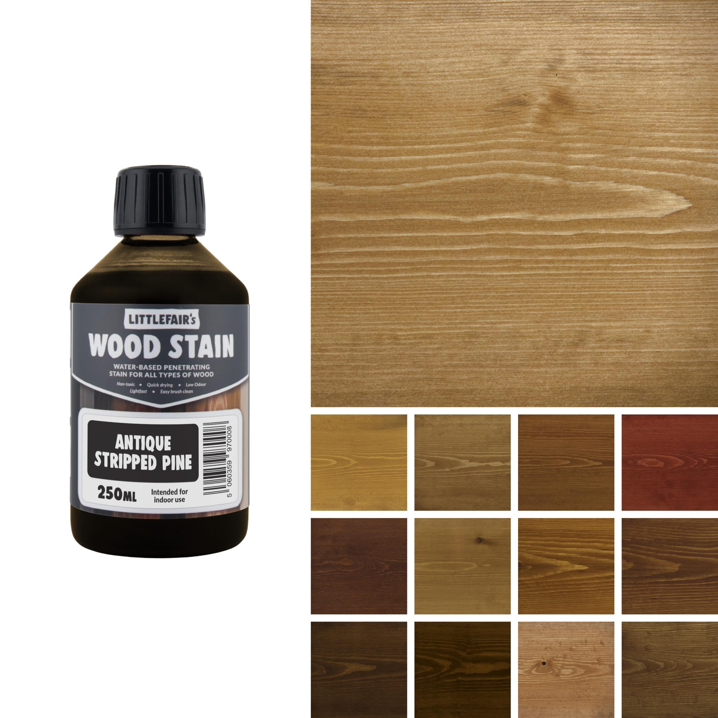 Littlefair's Wood Stain Water-Based - (Antique Stripped Pine) – Non-Toxic, Eco-Friendly & Quick Drying - Easy-to-Apply, Concentrated Formula for All Wood Types – 250ml