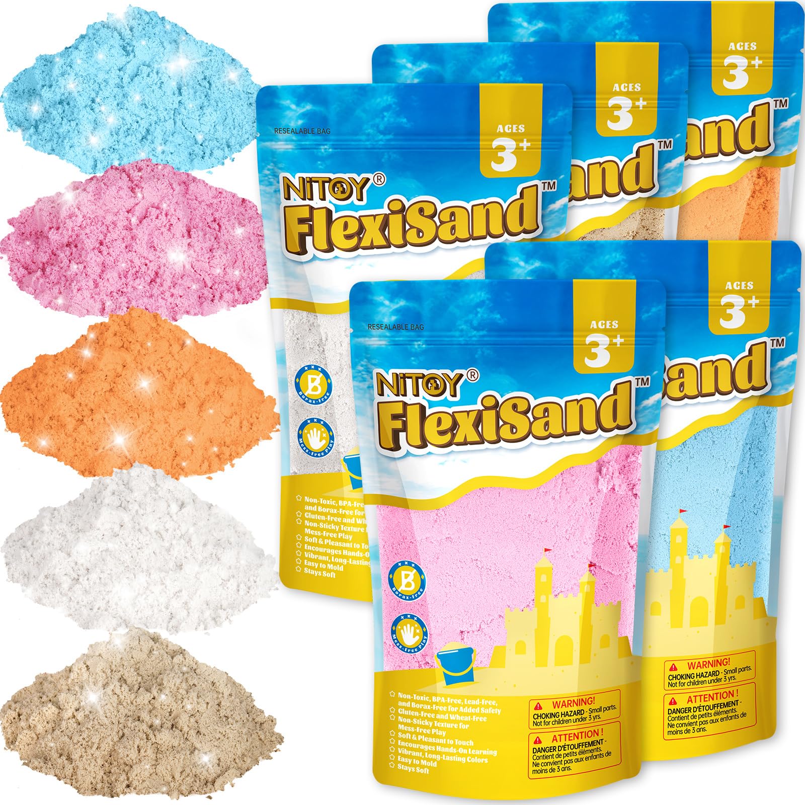 11 Lbs/5kg Moldable Self-Sticking Play Sand, Never Dries Out-Fun for 3 Years and up Kids Bulk Refill for Sensory Sand Box Toys, Ideal for Shaping, Squeezing, Scooping and Rolling (5 Light Colors)