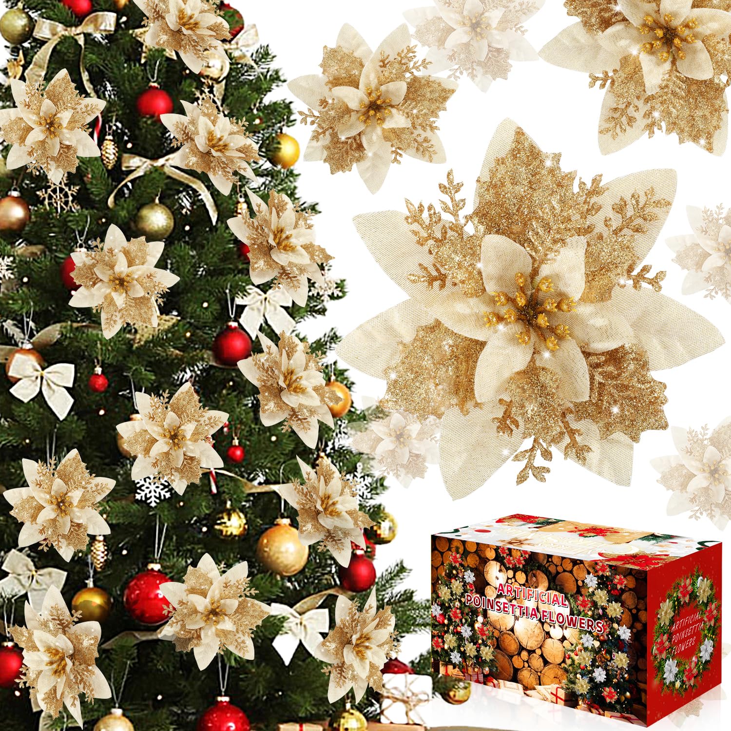Poinsettia Christmas Flowers Decoration -12Pcs Artificial Red Gold