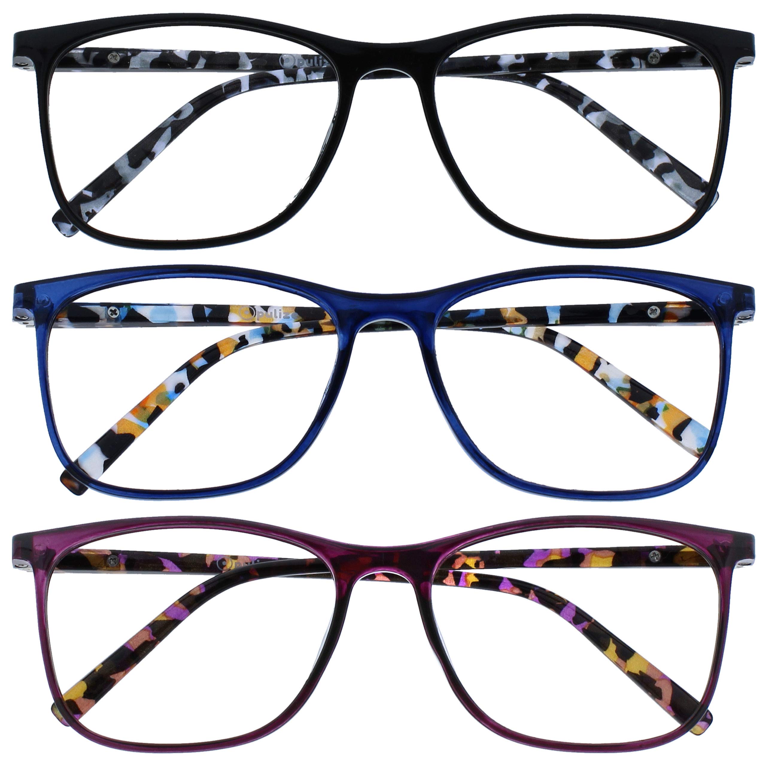 OPULIZE Arc Reading Glasses 3 Pack Stylish Slim Square Frame Spring Hinges Scratch Resistant Black Blue Purple Patterned Arms Mens Womens RRR66-135 +3.00