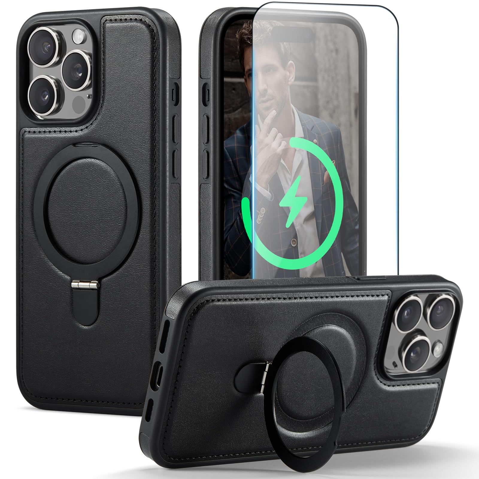 CHEEWADA for iPhone 13 Pro Max Case with Stand Compatible with Magsafe Slim PU Leather & Rubber Drop Proof Magnetic Kickstand Protective Phone Cover with Tempered Glass Screen Protector 6.7", Black
