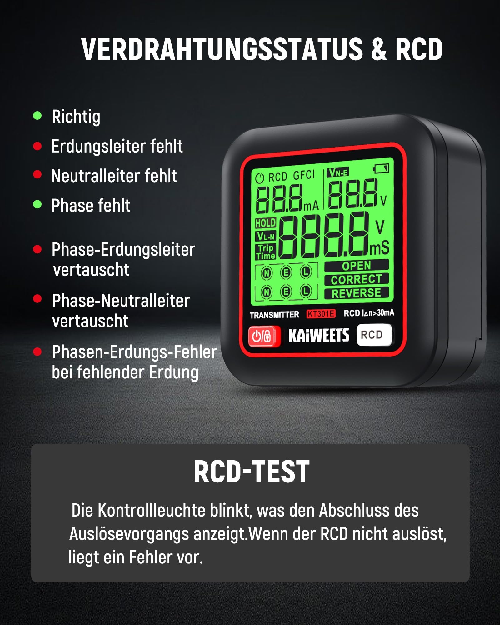 KAIWEETS Sicherungsfinder Set mit 2,2 Zoll LCD, Steckdosentester mit RCD-Test zur Verdrahtungsprüfung, Leitungssucher mit NCV und LED-Taschenlampe für Elektriker und Heimgebrauch 4