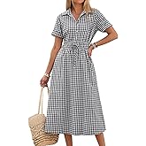 ANRABESS Womens Summer Midi Dress Short Sleeve Striped Plaid Button Collar Shirt Dresses 2026 Casual Beach Vacation Clothes