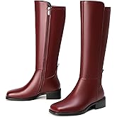 vivianly Women's Knee-High Boots, Faux Leather Elastic Boots Low Heel Square Toe, Side Zipper Tall Boots