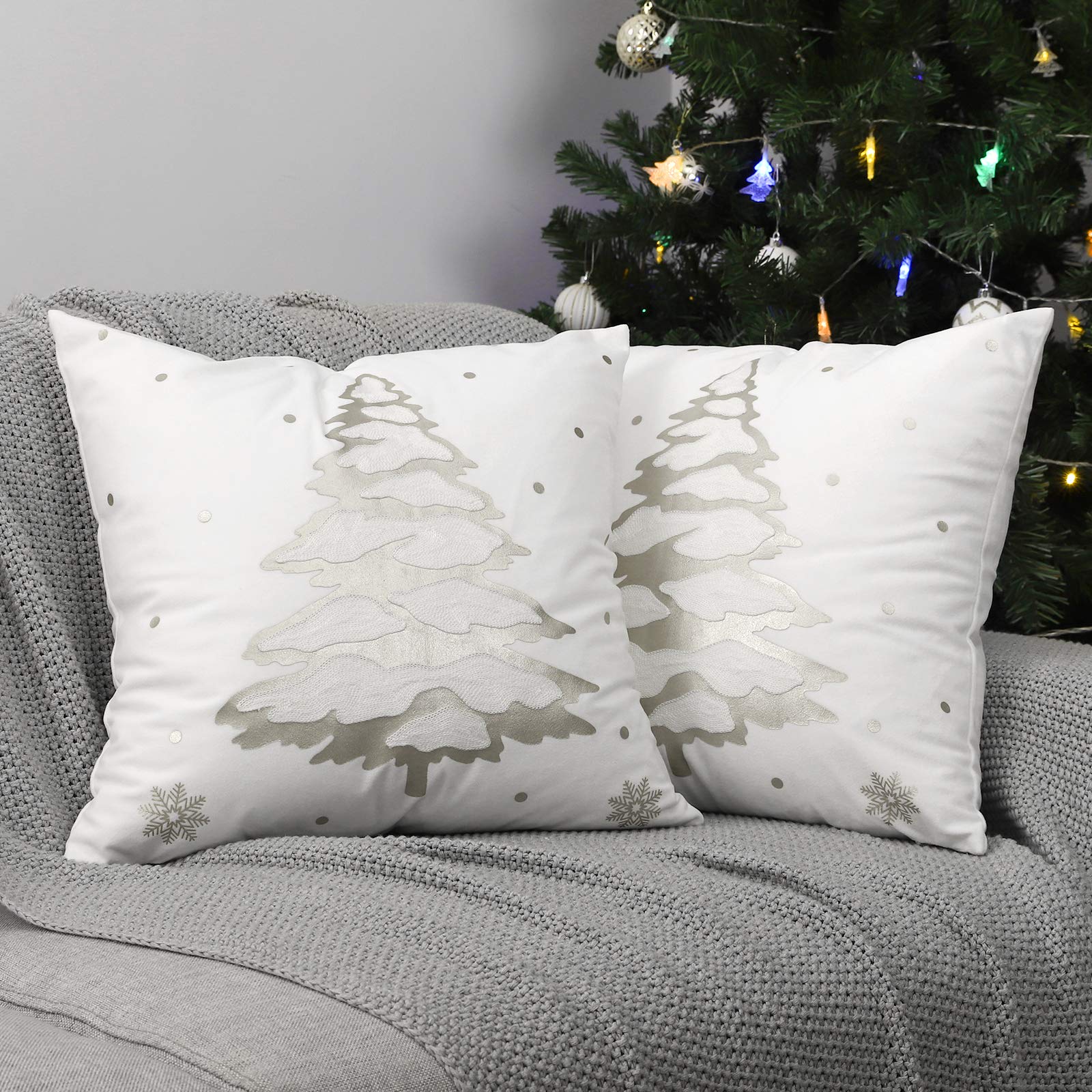 Lewondr Christmas Tree Throw Pillow Cover, 2 Pack Xmas Tree Decorative Throw Pillow Case Sofa Cushion Cover with Hot Stamping Pattern Indoor Decor for Festival Party 18"x18"(45x45cm), Silver