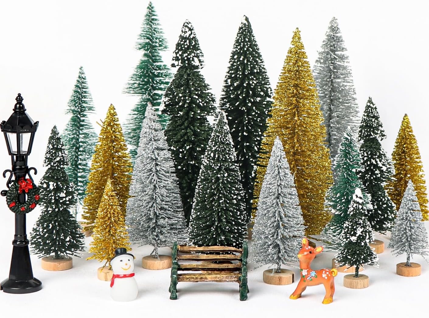 Trees - AerWo 21pcs Mini Christmas Trees Bottle Brush Trees, Christmas Village Sets with Snowman, Reindeer, Bench, Small Christmas Village Trees for Tabletop Decor Holiday Winter Christmas Table Decorations