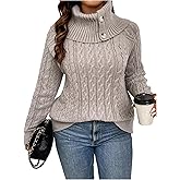 MakeMeChic Women's Plus Size Cable Knit Turtleneck Sweater Button Long Sleeve Pullover Tops