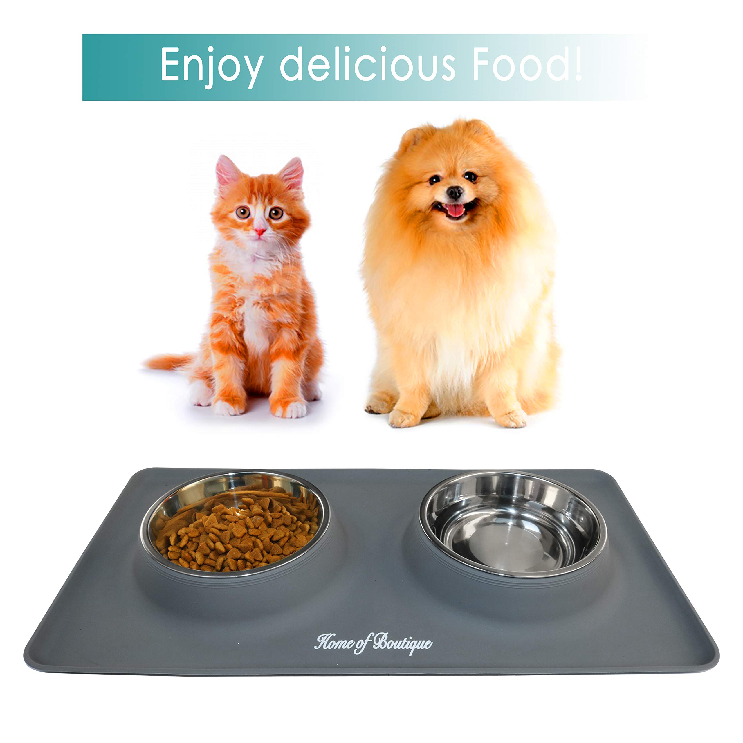 Home of Boutique Dog Bowls, Stainless Steel Pet Food Bowl, Cat Water Bowls with No-Spill Anti-Slip Silicone Mat for Large or Medium Dogs or Cats, Set of 2 Bowls (L, Gray)