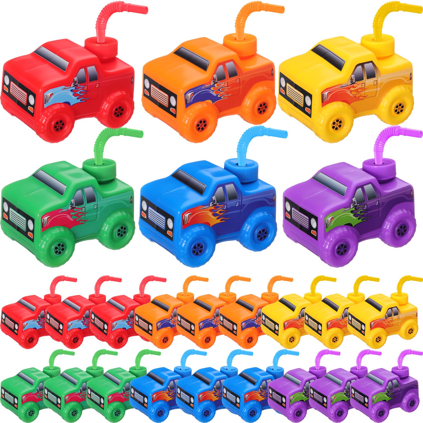 Photo 1 of Tanlade 24 Set Monster Truck Road Cups with Straws, Plastic Vehicle off Road Drink Cup Reusable Truck Cups Bulk Race Car Birthday Party Favor Supplies for Racing Party Supplies (Classic Color)