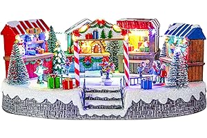 Bdor Christmas Market Village Scene with LED Lights | 8.3 x 5.9 x 5.9 Inches Battery Operated Holiday Decoration with Musical & Animated Market Stalls for Indoor Home Décor