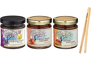 Virginia Chutney Spread Variety Pack 4.4 ounce each (Pack of 3) Spicy Plum Chutney (1 Pack) Sweet Peach Chutney (1 Pack) Mango Chutney (1 Pack) with Bamboo Tong in Intfeast Box