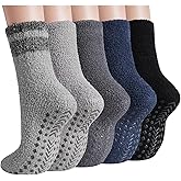 floconssy Fuzzy Socks Men with Grips, Cozy Fluffy Elderly Slipper Sock Non Slip Thick Winter Warm Hospital Sleep Home 5 Pairs