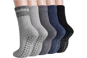 floconssy Fuzzy Socks Men with Grips, Cozy Fluffy Elderly Slipper Sock Non Slip Thick Winter Warm Hospital Sleep Home 5 Pairs
