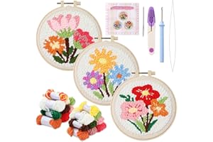 ojustbeok 3 Set Punch Needle Embroidery Starter Kits Includes Punch Needle Fabric with Pattern, Yarns, Embroidery Hoops, Sewing Needles, Instruction for Adults Beginner DIY Handmade Crafts Gifts