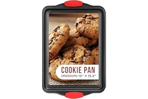 BAKKENMASTER Nonstick Cookie Sheet Pan Carbon Steel Oven Tray Sheet Pan with Red Silicone Handles -Medium Bakeware Pan Tray with Gray Coating Inside & Outside