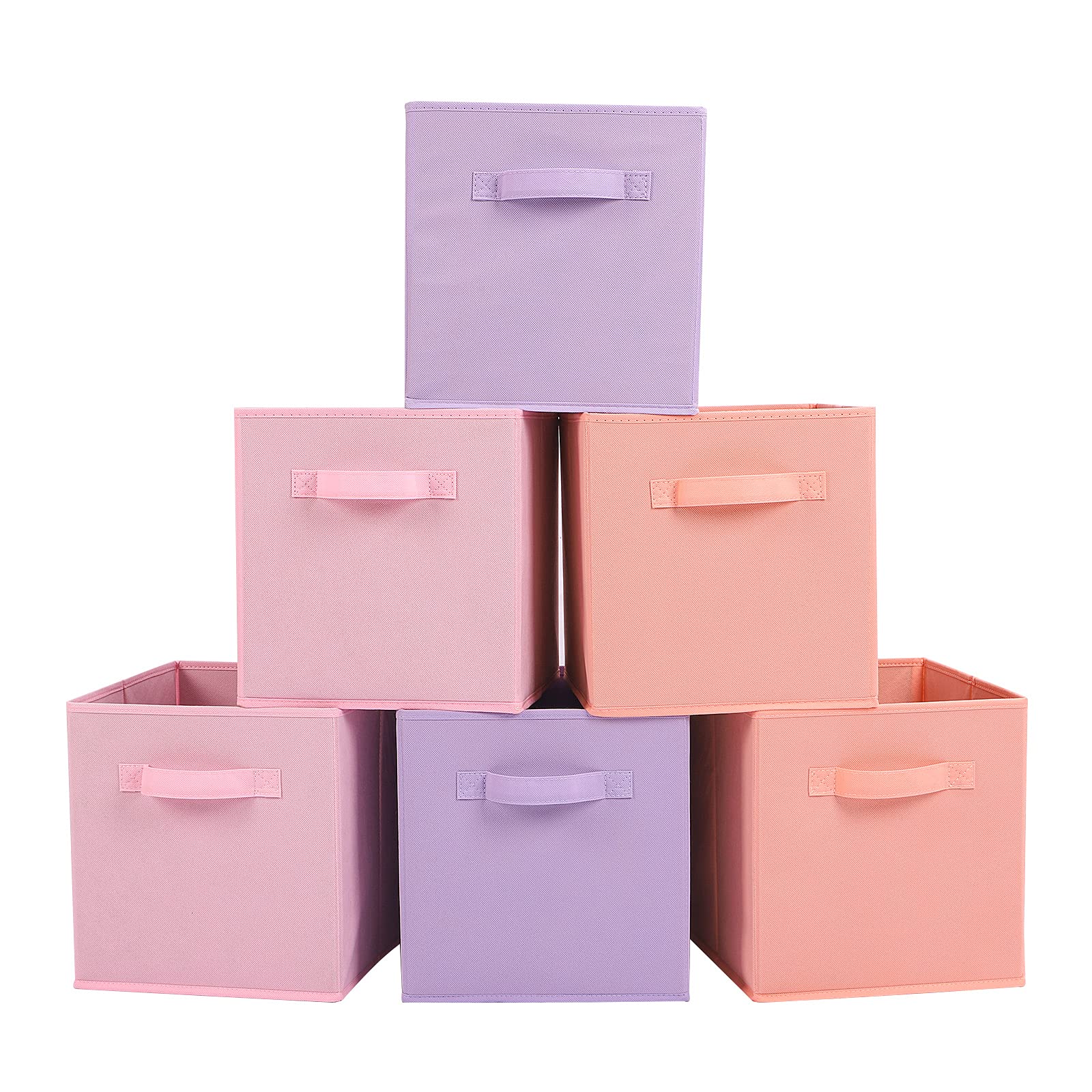 Stero Fabric Storage Bins 6 Pack Fun Colored Durable Storage Cubes with Handles Foldable Cube Baskets for Home, Kids Room, Closet and Toys Organization purple, pink, peachpuff