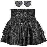 Century Star Metallic Sequin Sparkly Girls Skirts 2-Layer Ruffle Skirts with Sunglasses Elastic High Waist -Dance