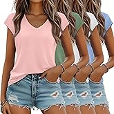 Locoowai 4 Pack Women's V Neck T Shirts Cap Sleeve Tops Trendy Short Sleeve Basic Tees Summer Casual Fashion Clothes