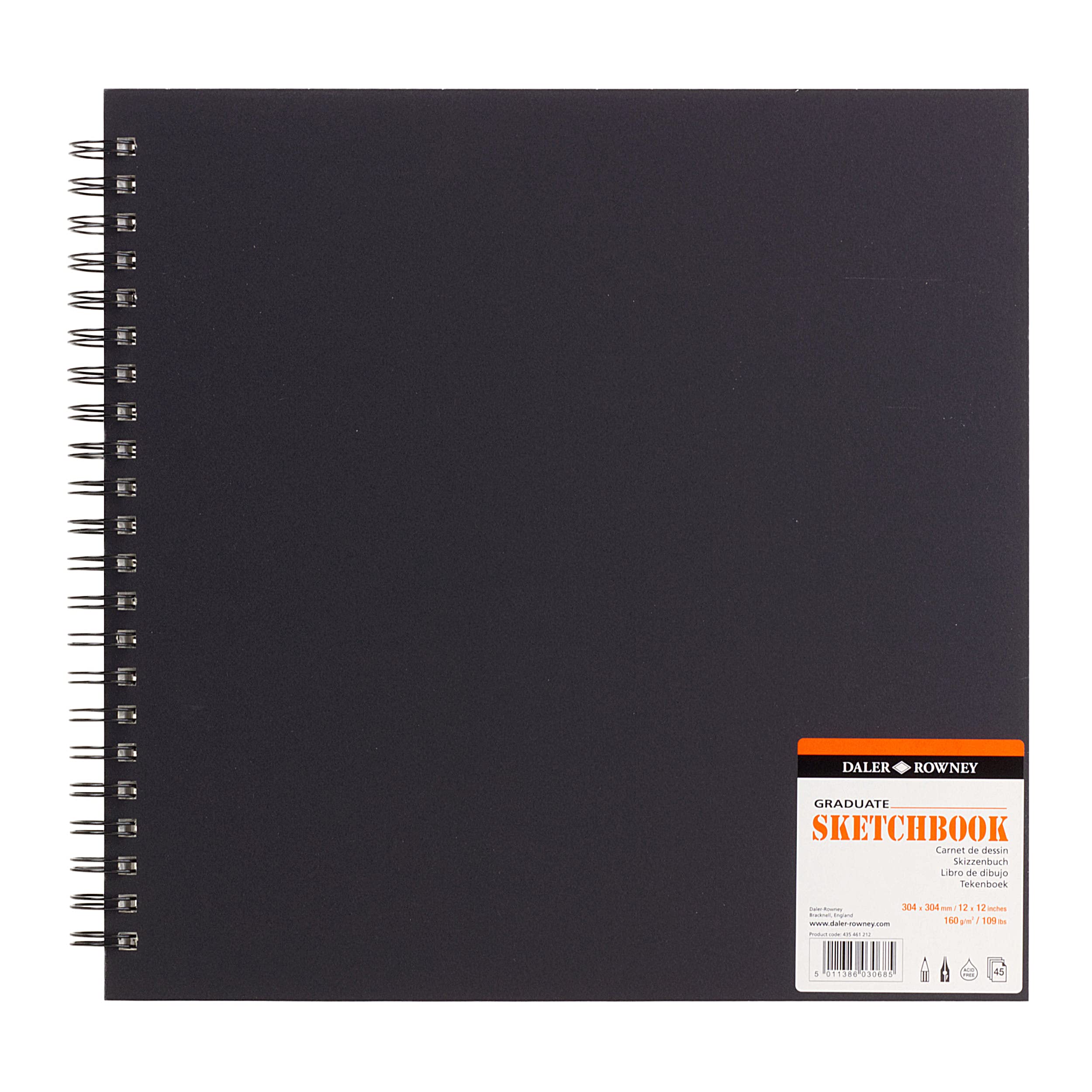Daler-Rowney Graduate Premium Jumbo Spiral Sketchbook 12 x 12 Inch, 160gsm 46 Sheets, Student Artists