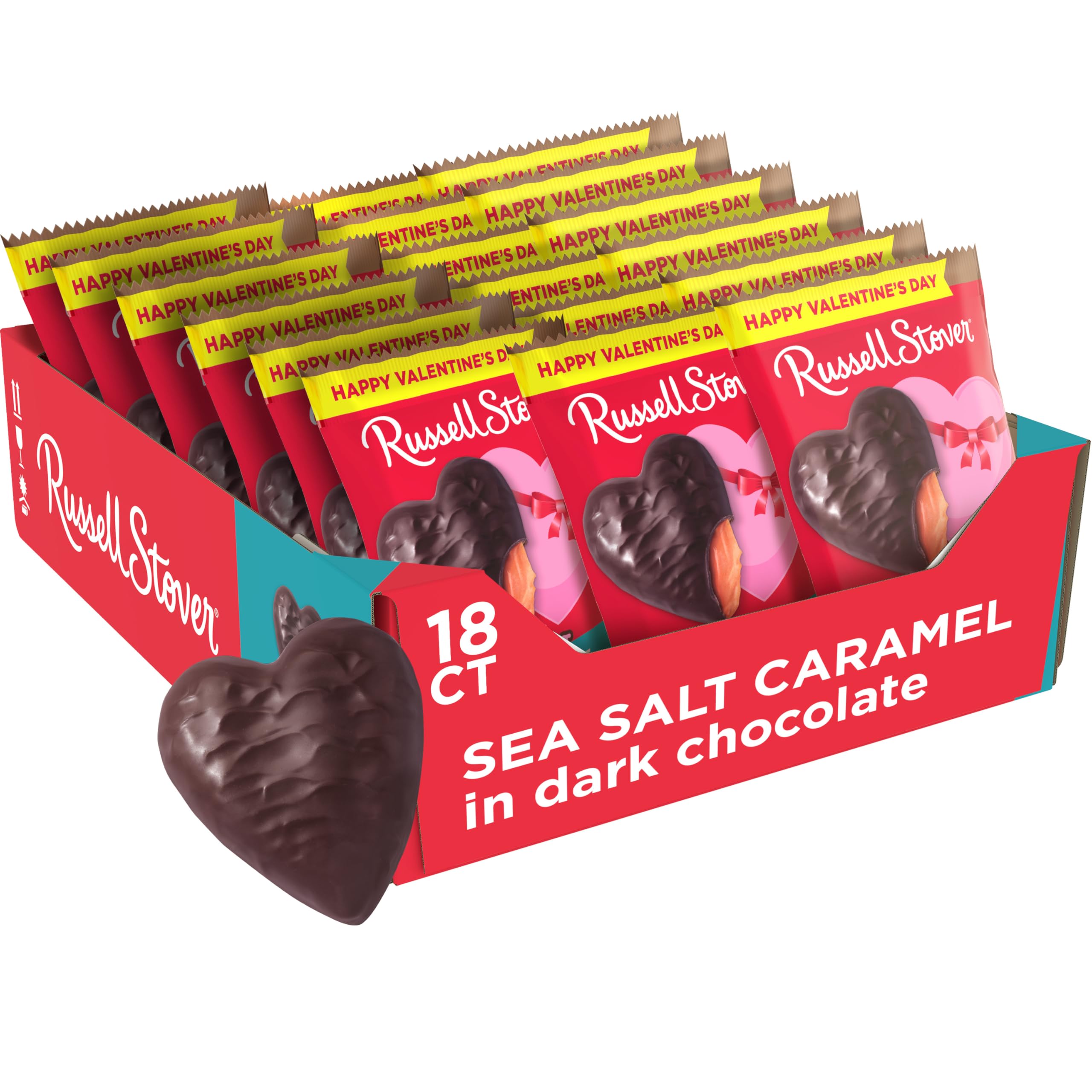 RUSSELL STOVER Valentine’s Day Dark Chocolate Sea Salt Caramel Heart, 1.3 oz. (Pack of 18)