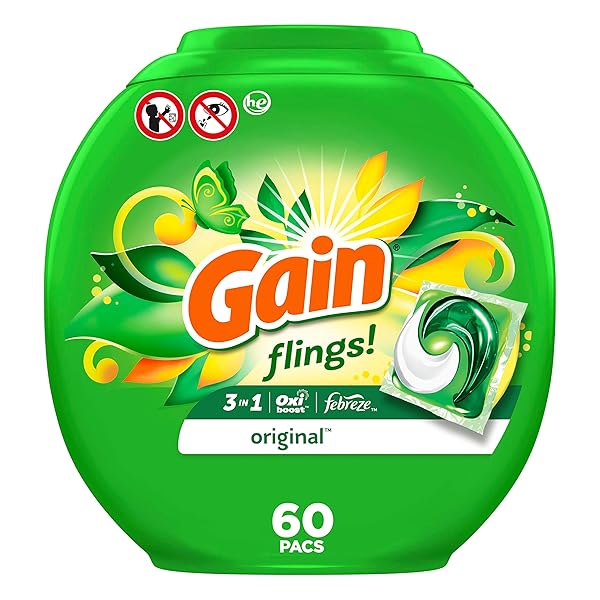 GAIN FLINGS! LAUNDRY DETERGENT SOAP PACS HE COMPATIBLE 60 CT LONG LASTING SCENT ORIGINAL SCENT