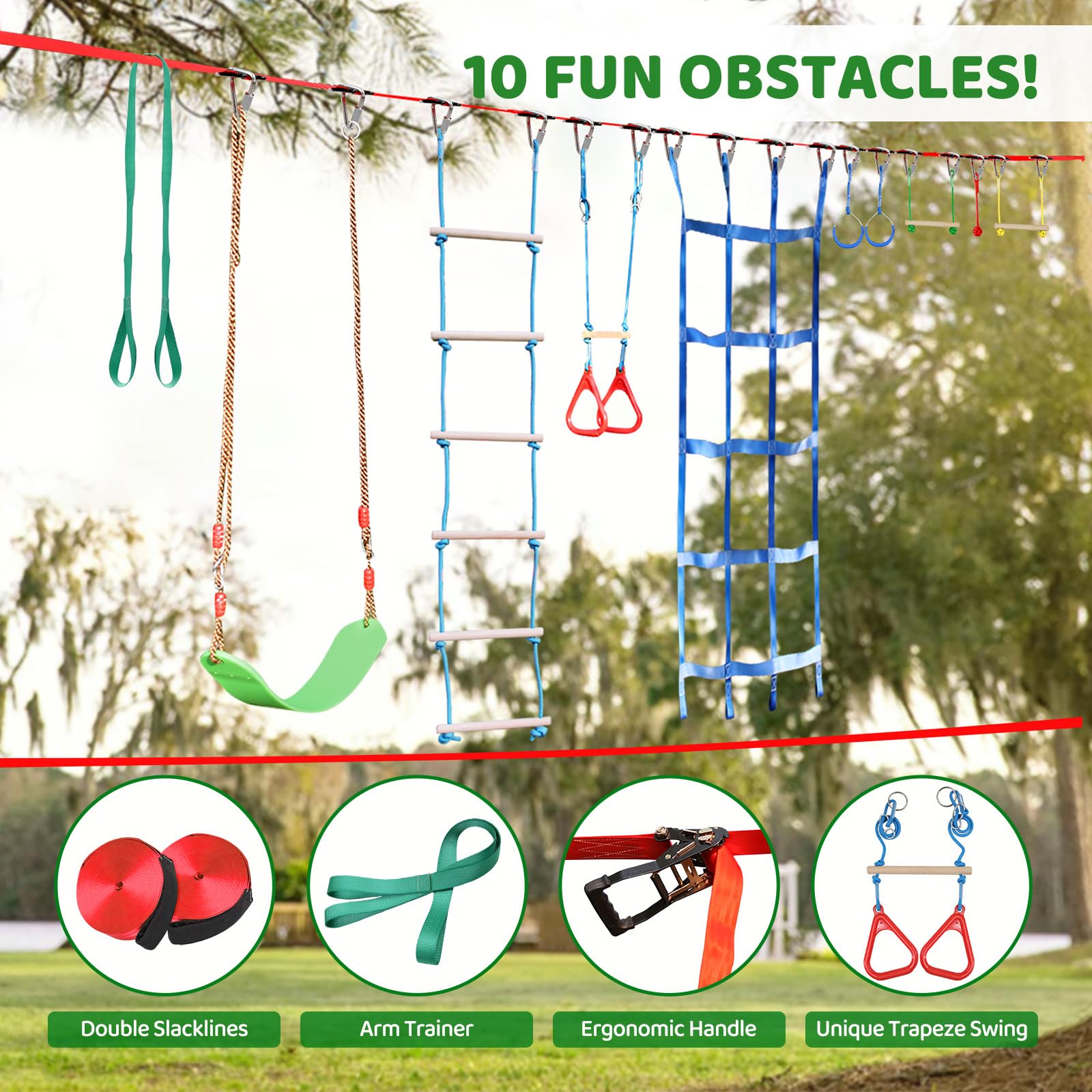 Ninja Warrior Obstacle Course for Kids Backyard - 2×50ft Slackline Kit with 10 Most Complete Accessories for Boys & Girls, Swing, Rope Ladder, Gymnastic Ring, Climbing Net, Arm Trainer and Monkey Fist