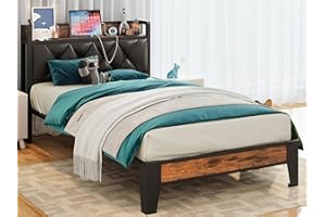 ANCTOR Twin Bed Frames, Storage Headboard with Outlets, Easy to Install, Sturdy and Stable, No Noise, No Box Springs Needed, Rustic Brown and Black